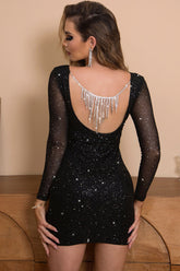 Glitzerndes, figurbetontes Party-Minikleid mit Fransen und offenem Rücken und langen Ärmeln - Schwarz
